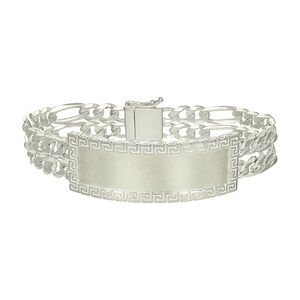 925 Sterling Silver Mens Figaro Link Greek Key ID Bracelet Size 8 Inches